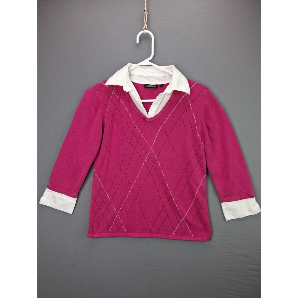 Notations Sweater Top Womens Petite Medium Pink Argyle 2-in-1 Layered Collared